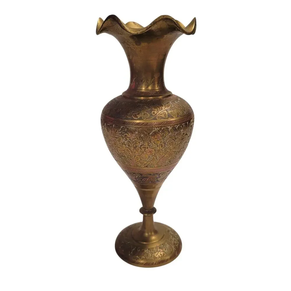 Vintage Etched Brass Bud Vase, Floral Design, Small, Tall, Decorative